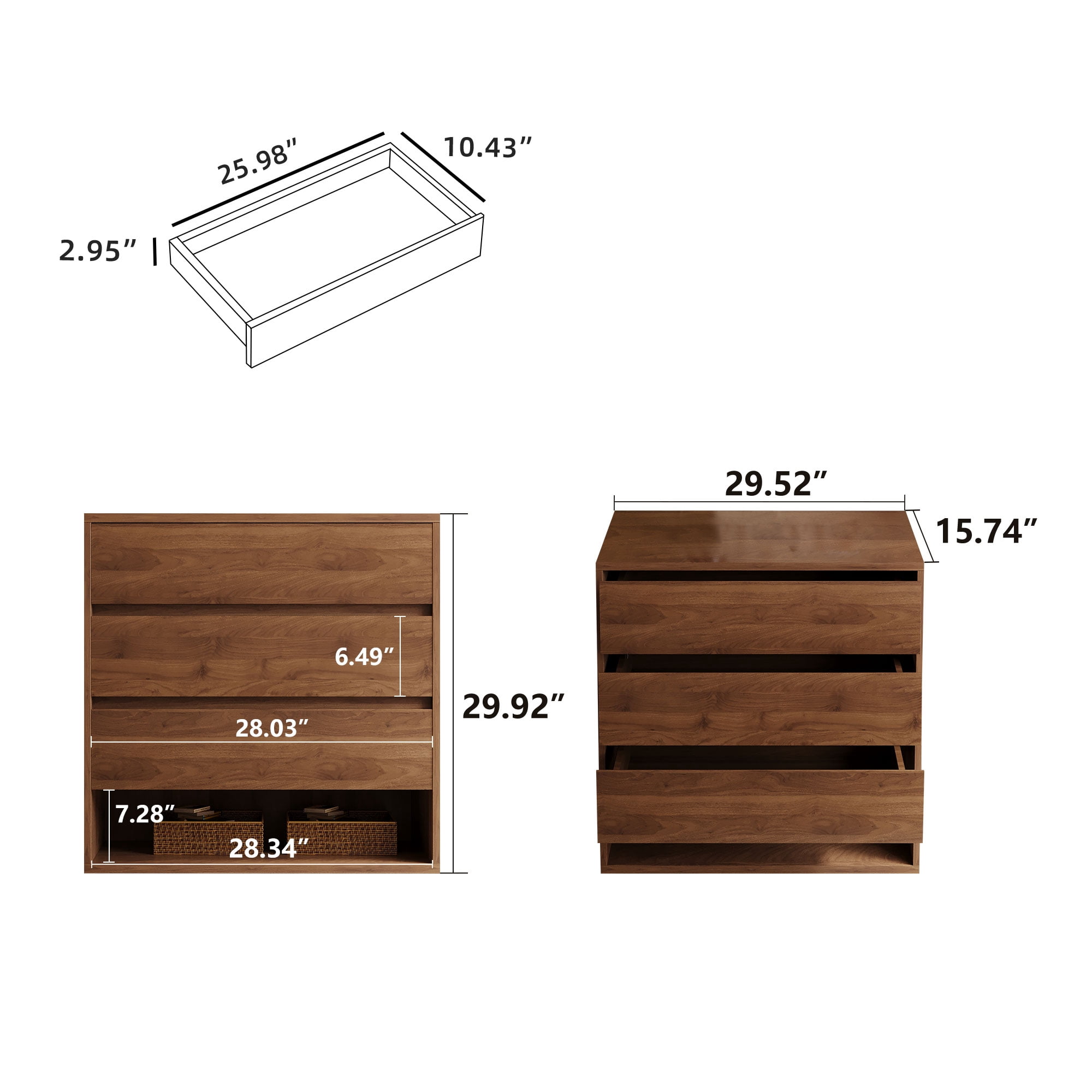 NessCarsti Natural Wood Three - Drawer Storage Cabinet with Shelves, Walnut Brown, 29.52"