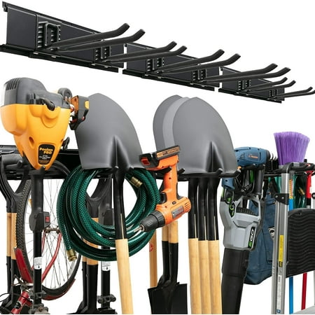 

Garage Tool Organizer Wall Mount - Sturdy Storage Rack with Adjustable Hooks Stud Spacing Compliance - 300lbs Capacity - Garden Tool Organizer for Garage with 3 Rails and 6 Hooks