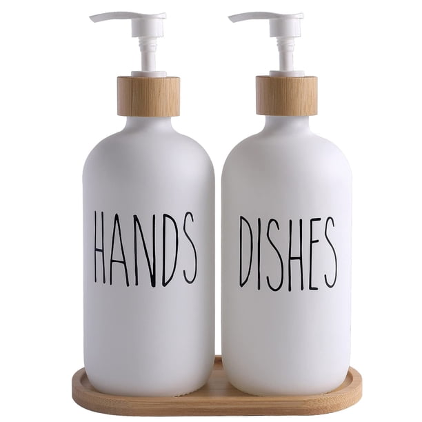 Set dispensador de jabón MOMEEMO de vidrio blanco para jabón de manos y platos