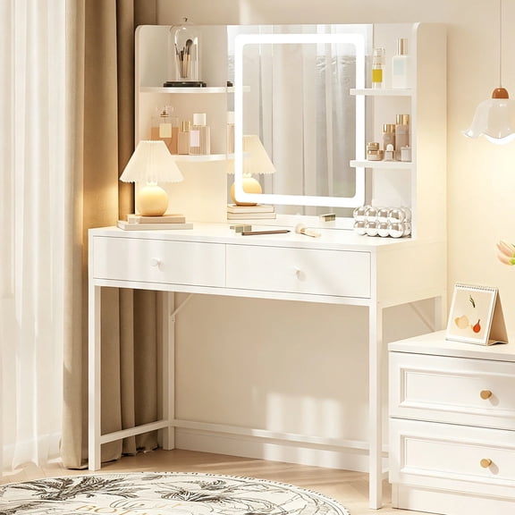 White Vanity Desk, Lofka Makeup Vanity with Mirror and Lights, Dressing Table with 3 Color Modes & Adjustable Brightness for Bedroom