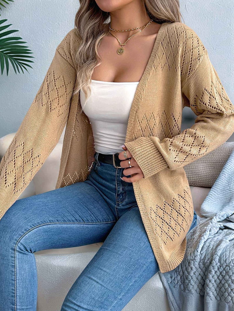 Womens Summer Crochet Cardigan Long Sleeve Light-Weight Casual Knit Sweaters Khaki M