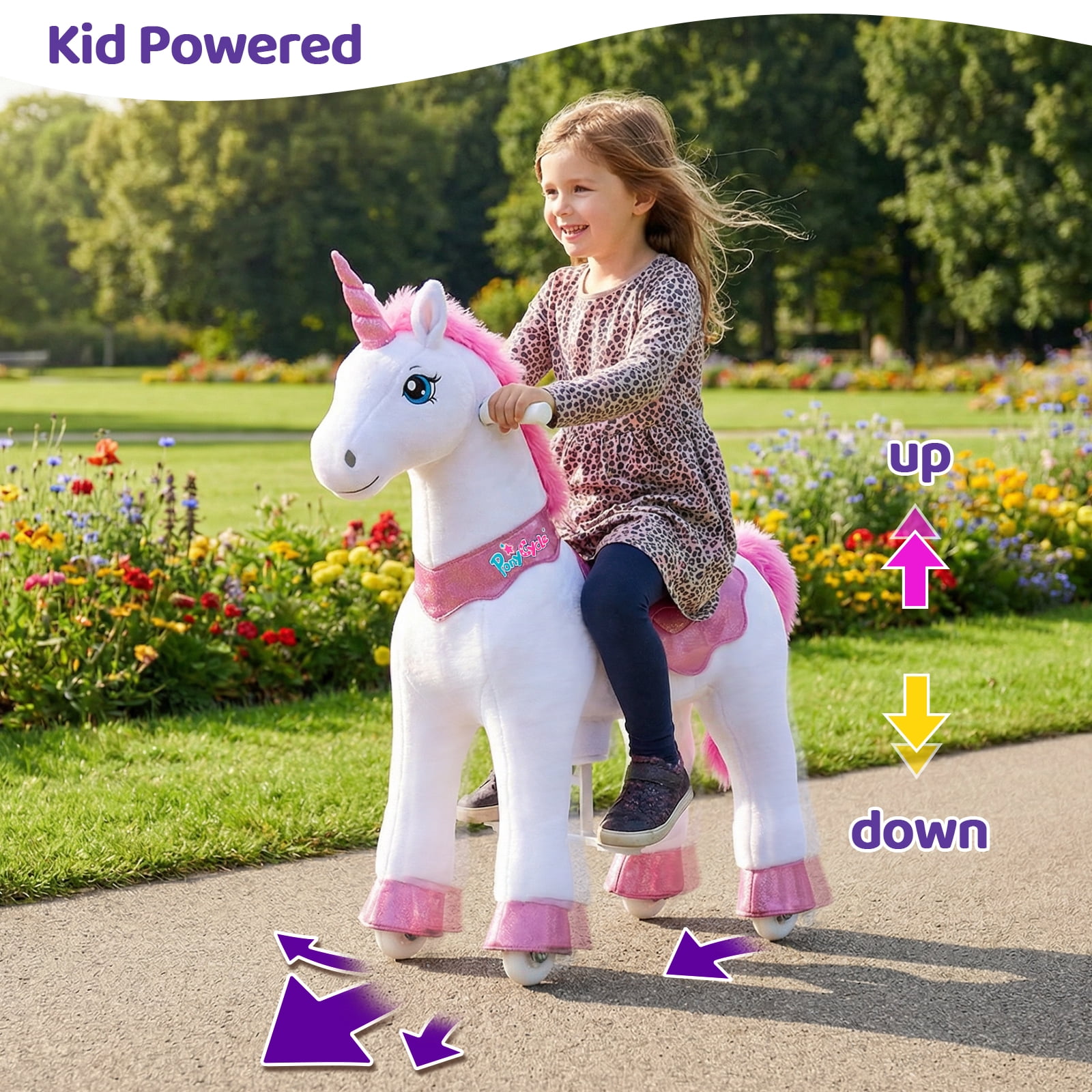 PonyCycle Kid-Powered Ride-On Unicorn Toy, No Battery, Hand Brake, Ages 3–4, Pink, E312