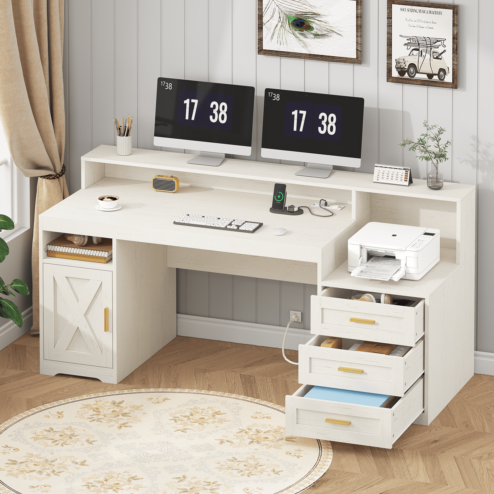 Farmhouse Computer Desk with Drawers, 65'' Home Office Desk with Power Outlets, Storage Cabinet and Printer Stand, Study Writing Desks with Long Monitor Stand, White