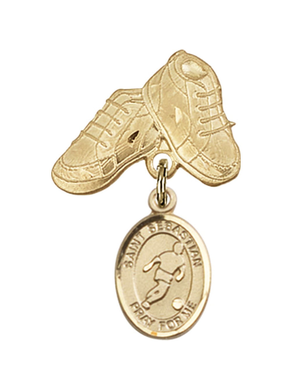 14kt Yellow Gold Baby Badge with St. Sebastian/Soccer Charm and Baby Boots  Pin 1 X 5/8 inches