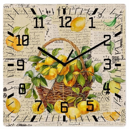 Summer Lemon Wooden Wall Clock Silent Non Ticking, Watercolor Yellow Fruits Botanical Vintage Square Wall Clocks Battery Operated, Decor Clock for Home Office, Living Room, Kitchen, 10 Inch