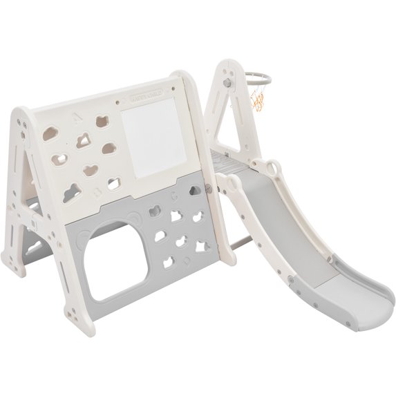 EUROCO 7-in-1 Toddler Climber and Slide Set Kids Playground Climber Slide Playset with Tunnel, Climber, Whiteboard,Toy Building Block Baseplates, Basketball Hoop Combination for Babies