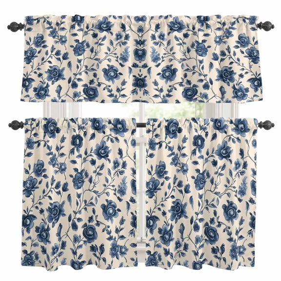 Navy Blue Floral Kitchen Curtains Sets for Windows 24 Inch Length, Spring Vintage Blossom Botanical Rod Pocket Window Treatments Tier Curtains and Valances Set for Bedroom/Bathroom