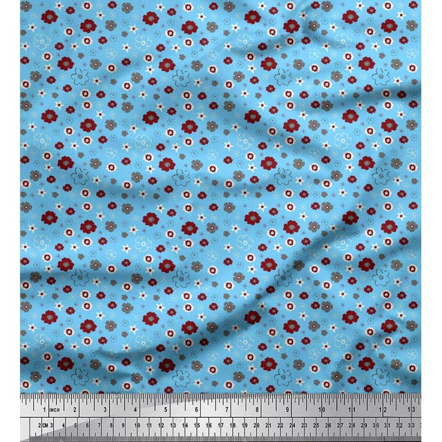 Soimoi Blue polyester Crepe Fabric Flower Artistic Print Fabric by Yard 52 Inch Wide
