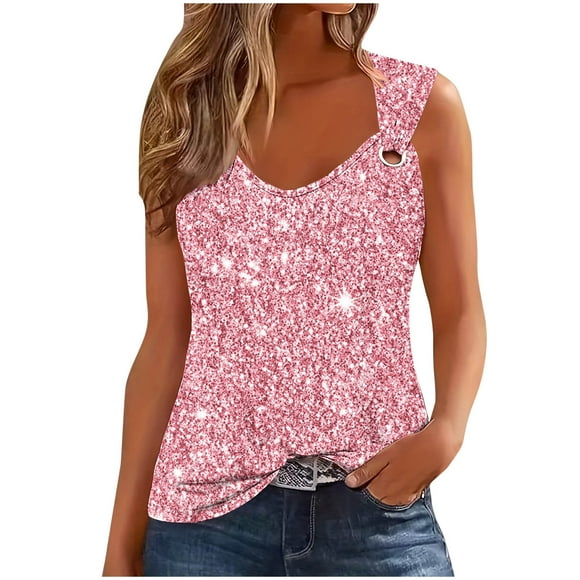 VEKDONE Women's Glitter Sequin Sleeveless Tank Tops Fashion O-ring Sling Tops Summer Outdoor Party Camisole Casual Loose Fit Crewneck Vests Pink Small