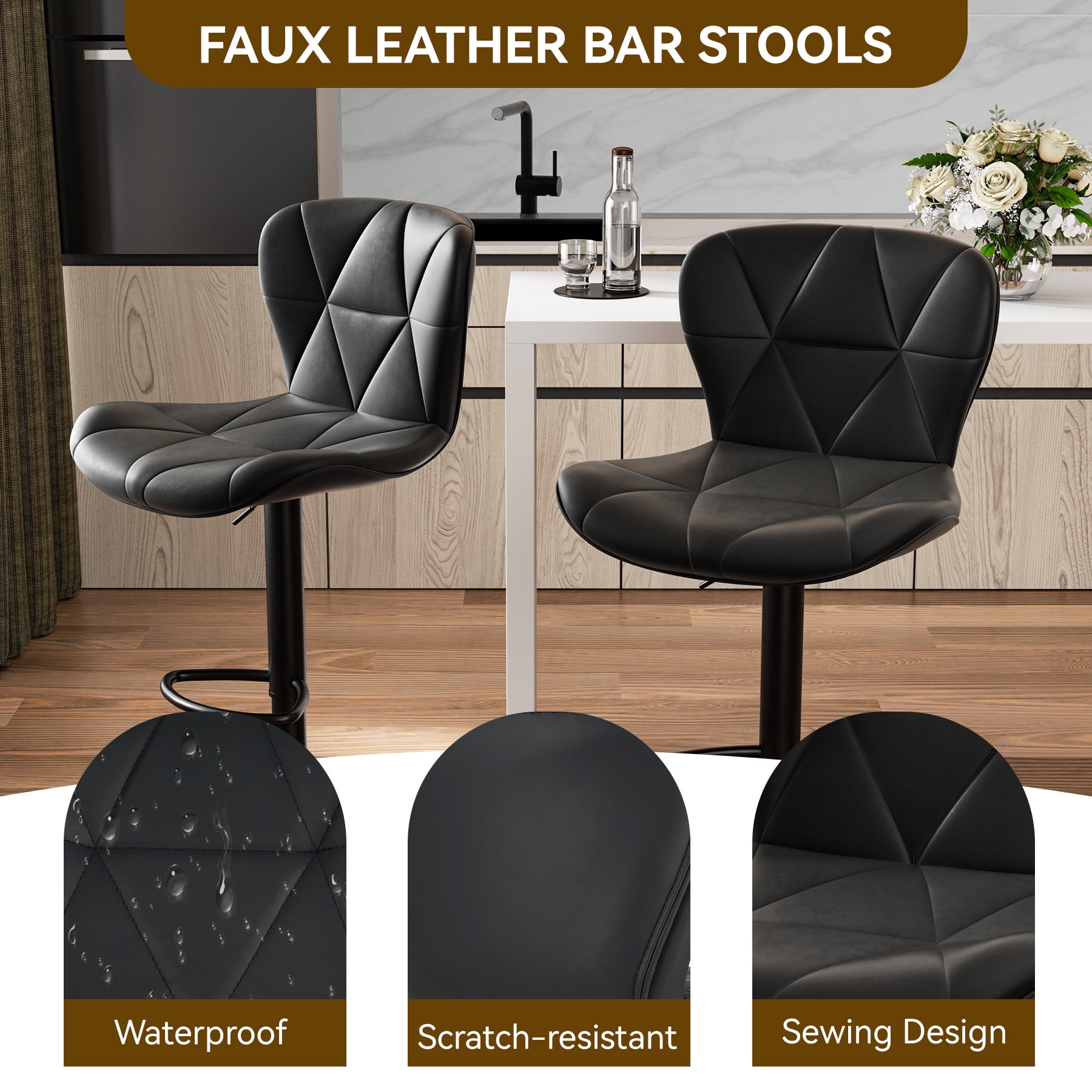 Hawsaiy Modern Bar Stools Set of 1, Adjustable Faux Leather Upholstered Swivel Bar Stools, Counter Height Bar Chairs with Back for Kitchen Island, Black