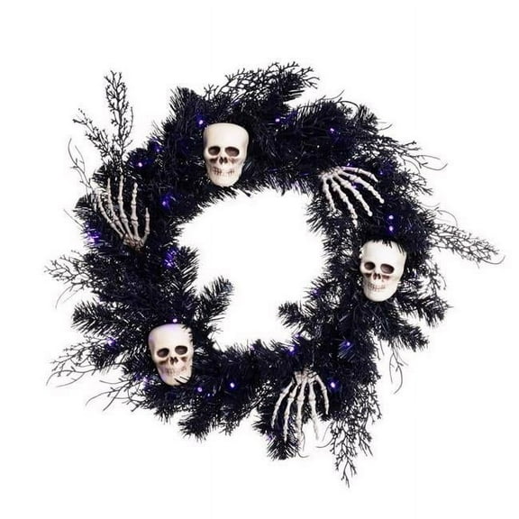 Celebrations 9096089 24 in. LED Prelit Black Skull Wreath, Orange & Purple - 50 Count - Pack of 4