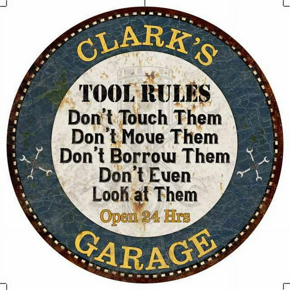 CLARK'S Garage Rules 12" Round Metal Sign Garage Wall Décor 100140015140