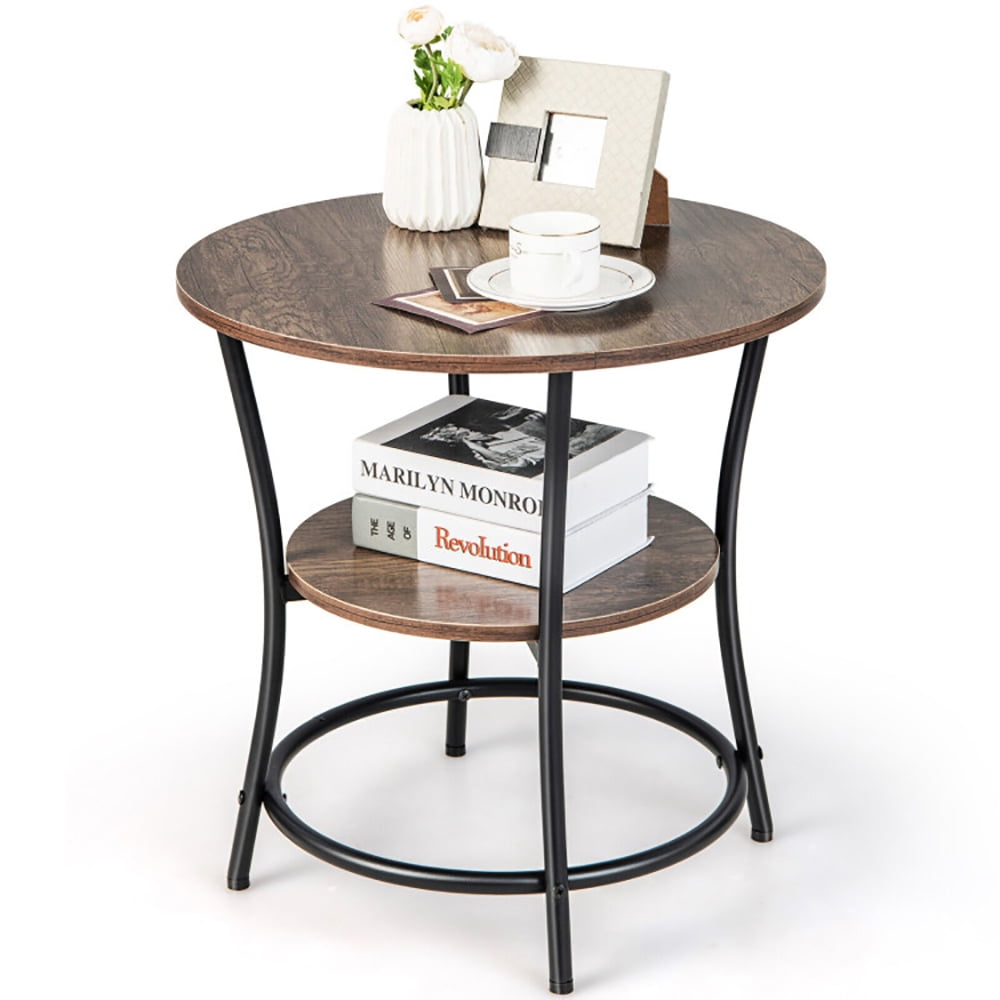 Finihen End Table, 2-Tier Round End Table with Open Storage Shelf and Sturdy Metal Frame, Sofa Side Table, Bed Side Table, for Living Room, Bedroom, Natural Finihen End Table, 2-Tier Round End Table with Open Storage Shelf and Sturdy Metal Frame, Sofa Side Table, Bed Side Table, for Living Room, Bedroom, Natural
