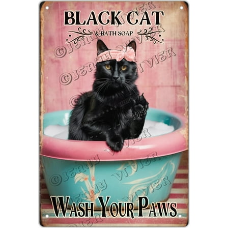 Funny Bathroom Metal Tin Sign Vintage Black Cat Art Wall Decor Quote Wash Your Paws Signs For Farmhouse Home Kitchen Office Washroom Bars Decorations,Aluminum 12"x16"