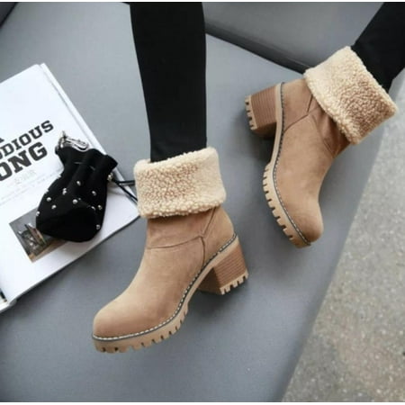 

New winter women s shoes thick-heeled high-heeled snow boots two wear plus velvet warm mid-boots cotton shoes brown 41