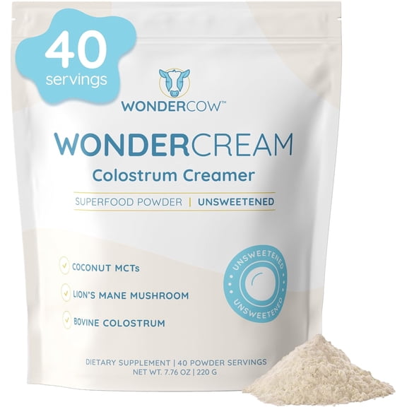 WonderCow Bovine Colostrum Superfood Creamer Supplement Powder with Organic Lions Mane Mushroom & Coconut Milk Powder MCTs, Functional Sugar Free Keto Coffee, Smoothie & Drink Mix Unsweetened