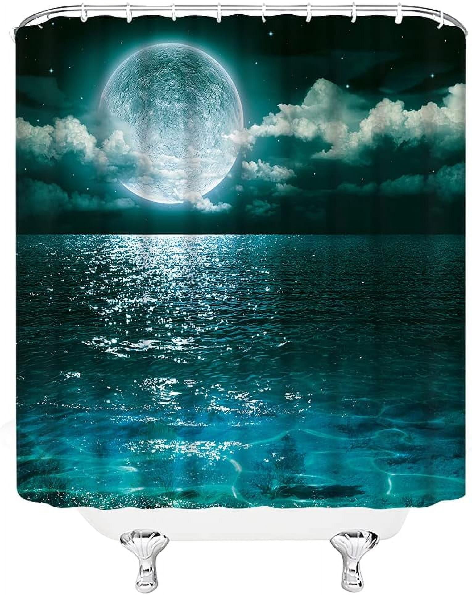 Moon Shower Curtain Full Moon Over Sea Ocean Clouds Planet Star Sky Dreamy Night Scene Black Green Gray Bathroom Curtains Decor Polyester Fabric Include Hooks,(36" WX70 H)