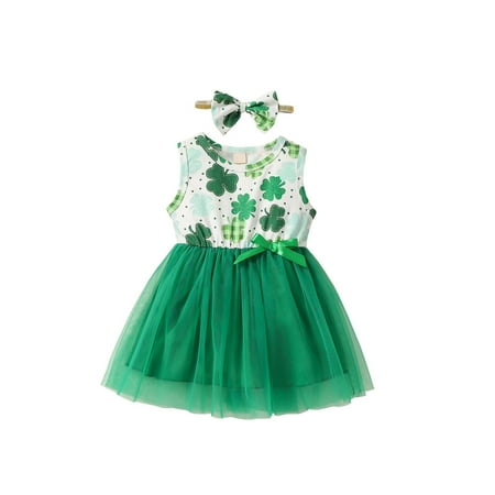 

LWZWM Girl Easter Dress Sleeveless Crewneck Net Yarn St. Patrick s Day Four leaf Skirt Green 6-12 Months