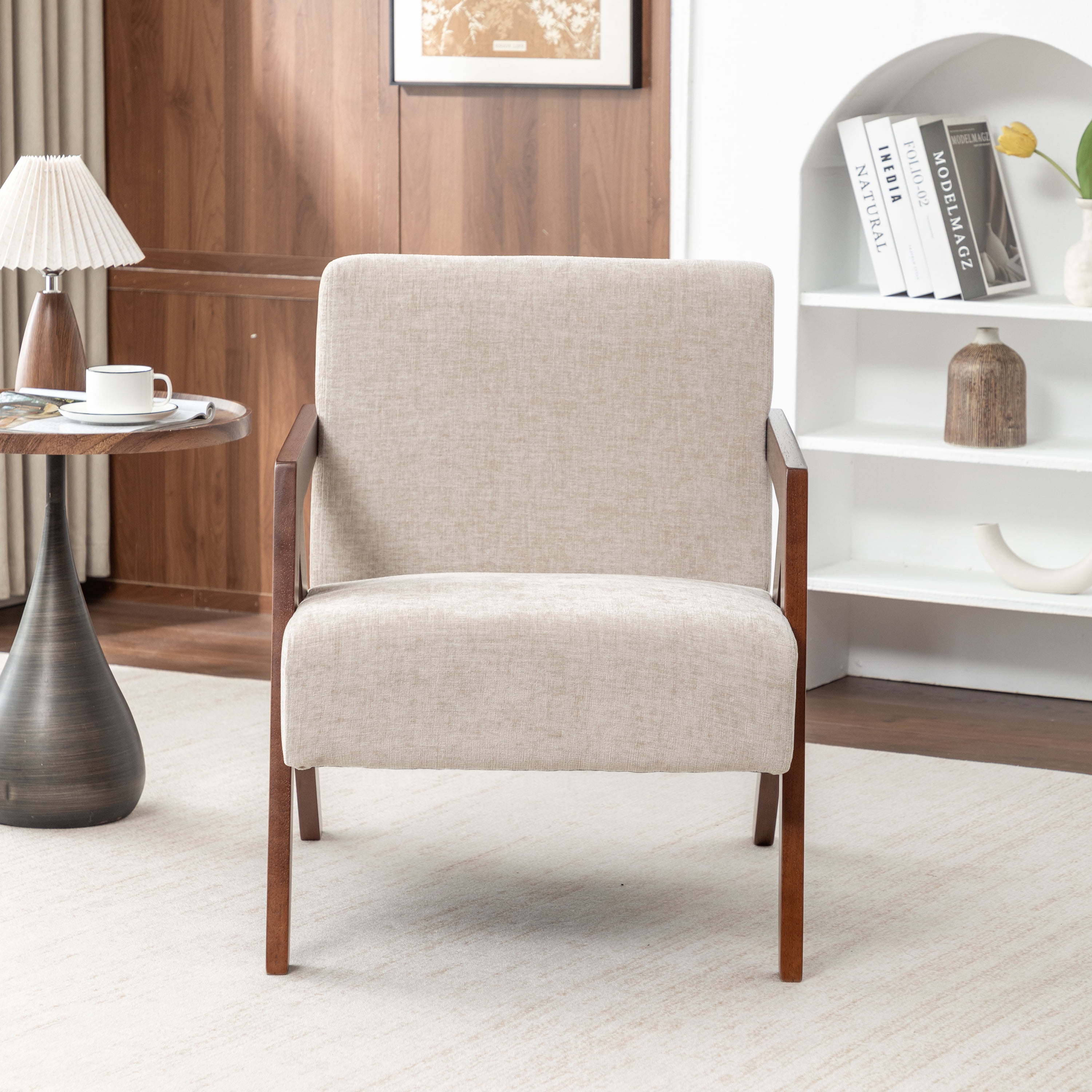Leumius Mid Century Modern Accent Chair,Upholstered Reading Armchair with Solid Wood Frame,Accent Chair for Living Room Bedroom Apartment, Easy Assembly,Greige