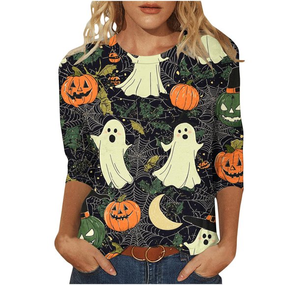 Women's Halloween Shirt, 3/4 Sleeve Graphic Tee, Printed Round Neck Loose Fit Top for Casual Wear