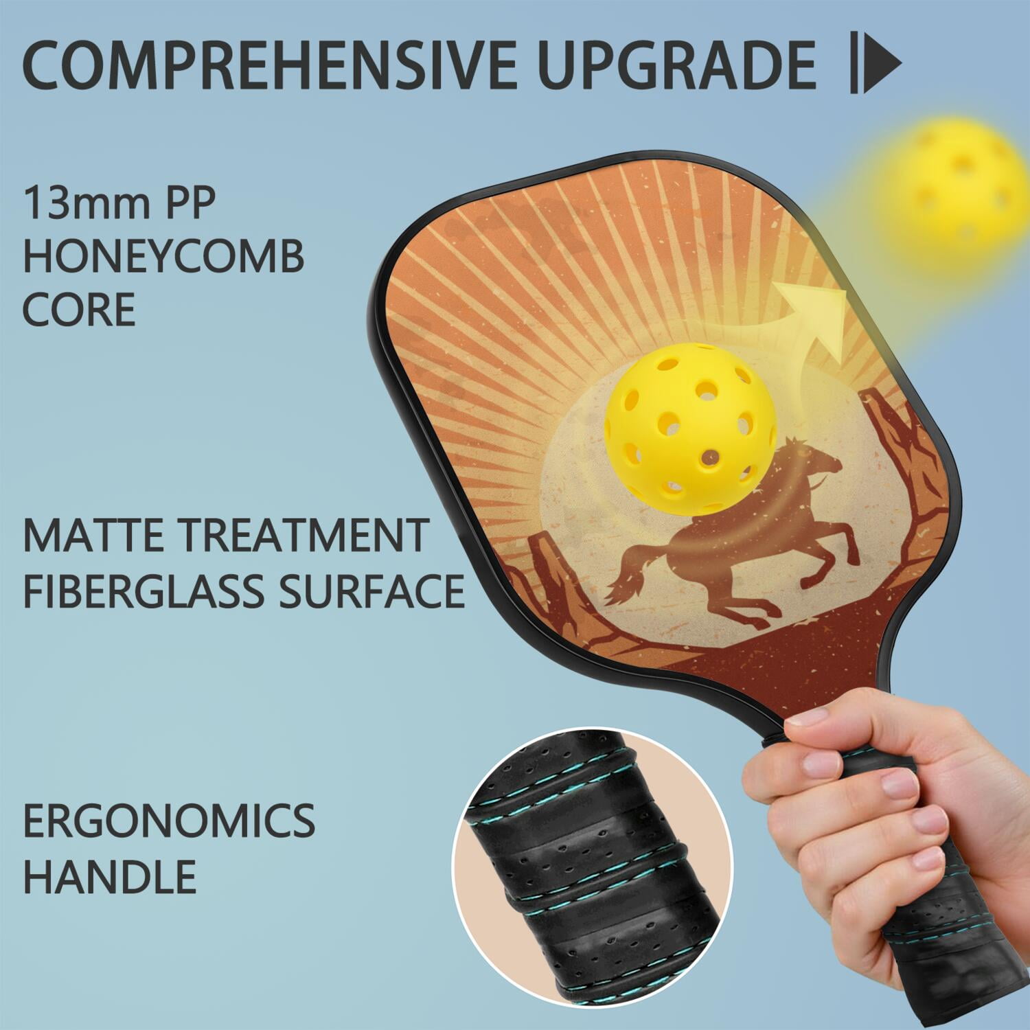 Pickleball Paddles Set Of 1, Fiberglass Surface, West & Cowboy Print, 1 Paddle, 2 Balls & Bag