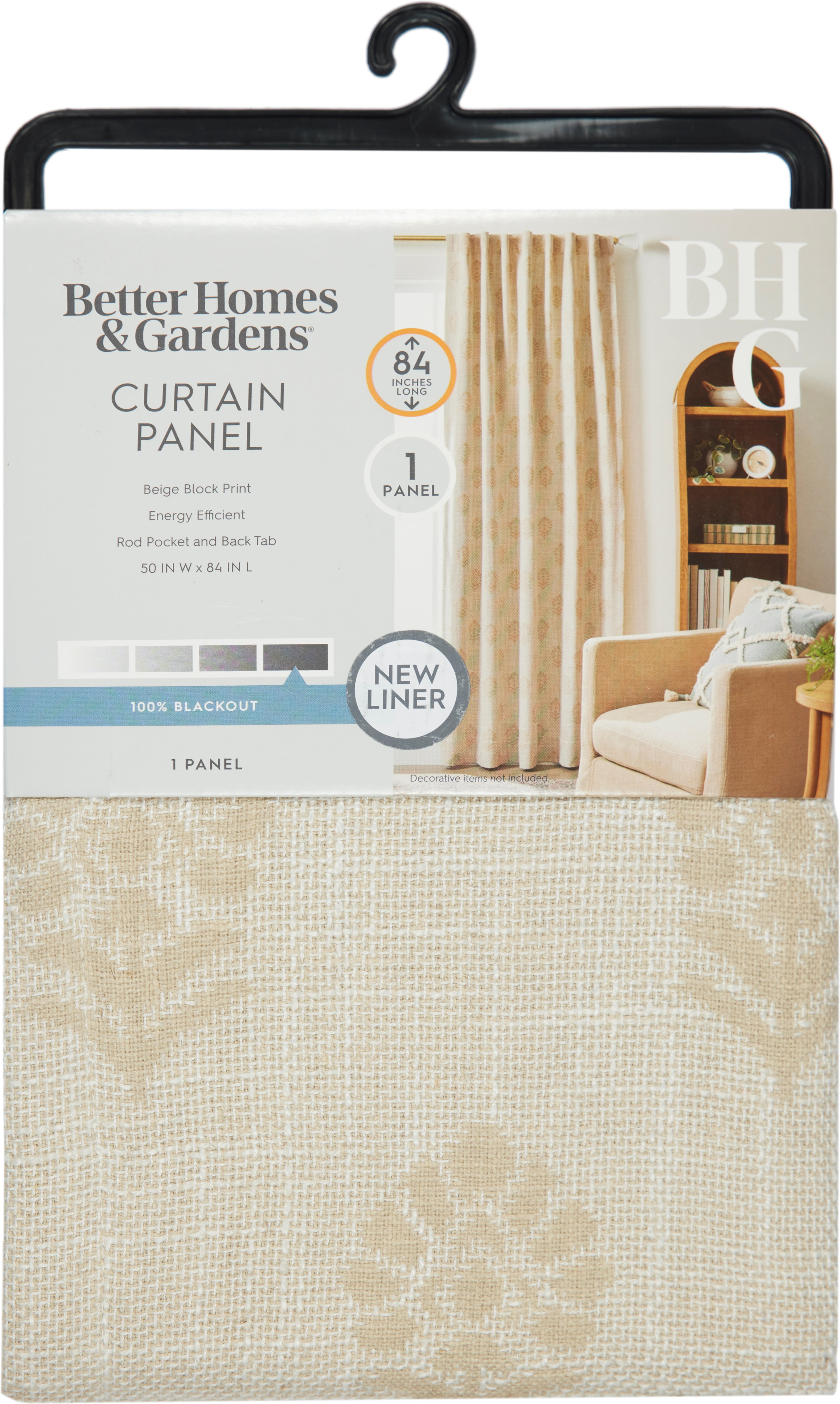 Better Homes & Gardens Floral Block Print Blackout Single Curtain Panel, Beige, 50"W x 84"L