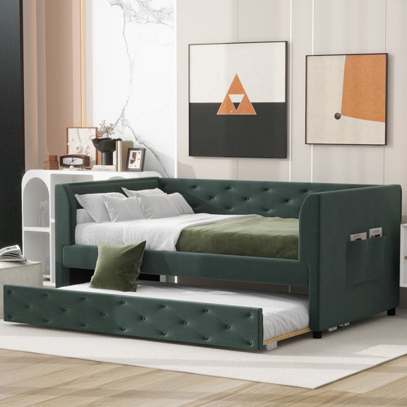 Euroco Upholstered Twin Size Daybed with Trundle and Pocket, 300lbs, White