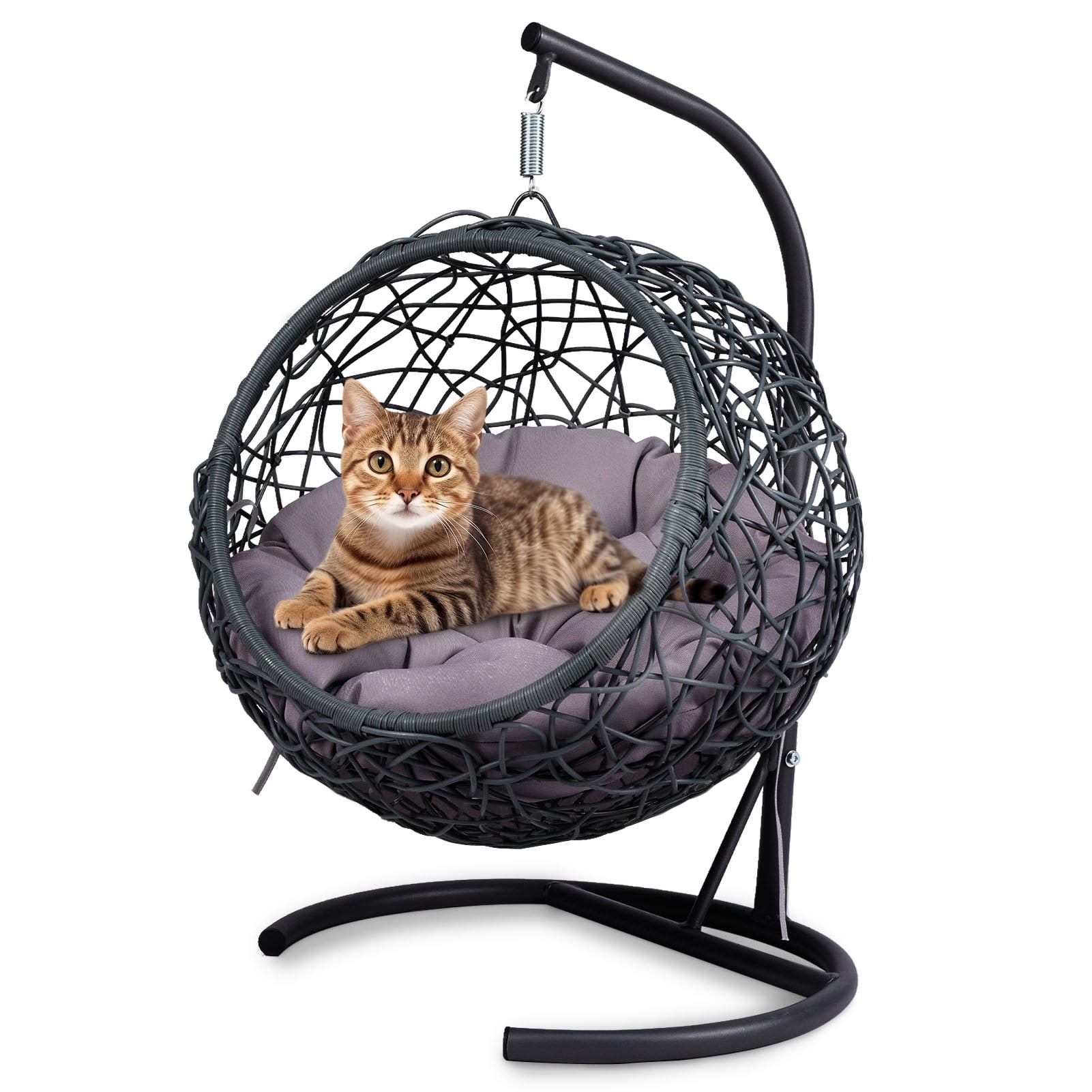 Cat Swing Bed with Stand & Cushion, Rattan Wicker Style Egg Chair, Indoor Hanging Swinging Hammock Bed, Sturdy Metal Frame Washable Cushion for Cats Small Dogs Small Animals