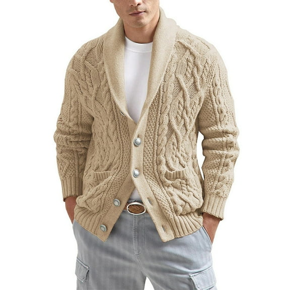 Zimjoy Mens Cardigan Sweaters Button Up Cable Knit Sweater Long Sleeve Shawl Collar Mens Sweater Loose Fit Casual Mens Cardigan Fall Winter Outwear with Pockets, Khaki L