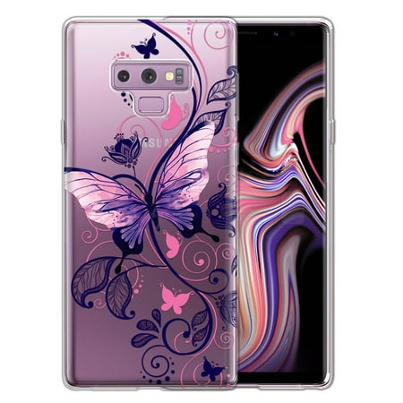 FINCIBO Soft TPU Clear Case Slim Protective Cover for Samsung Galaxy Note 9, Pink Purple Butterfly Curly