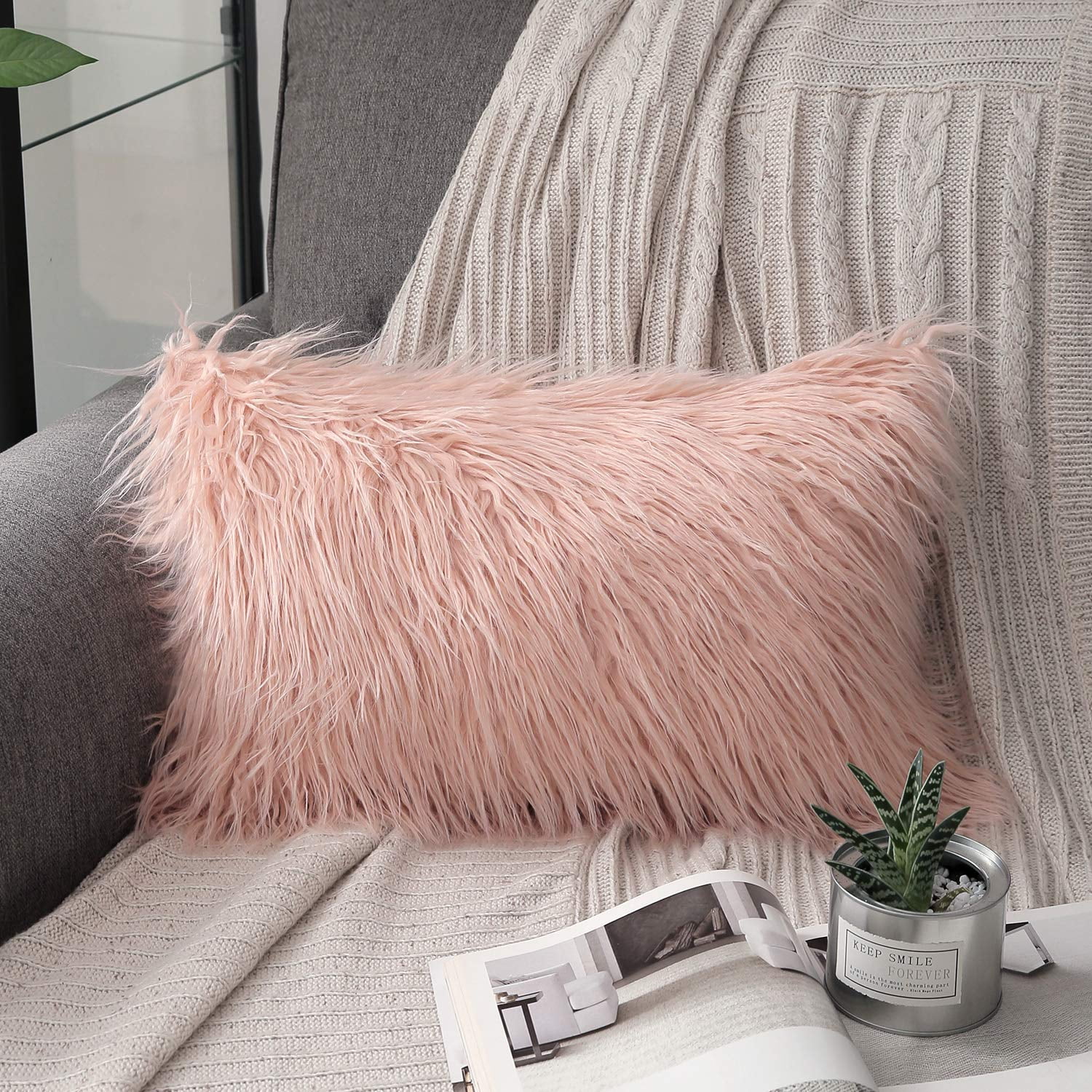 Phantoscope Merino Style Faux Fur Series Decorative Throw Pillow Bundle, 12" x 20"/20" x 20", Orange, 2 Pack
