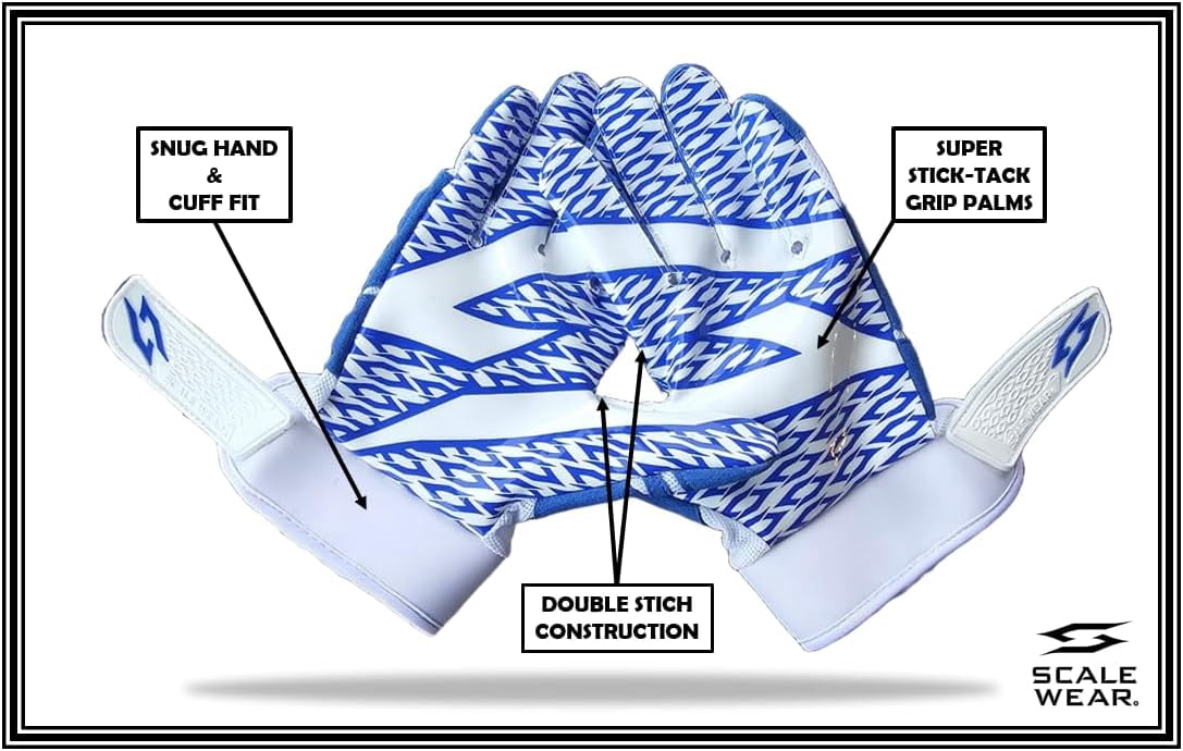 Scale Wear Design White Stealth Football Lineman Gloves with Tach Grip Silicone Palms. Adult Men's Youth Boys Sticky Lineman Wide Receiver Flag Football Boost Your Game! (Adult-Small, White-Blue)