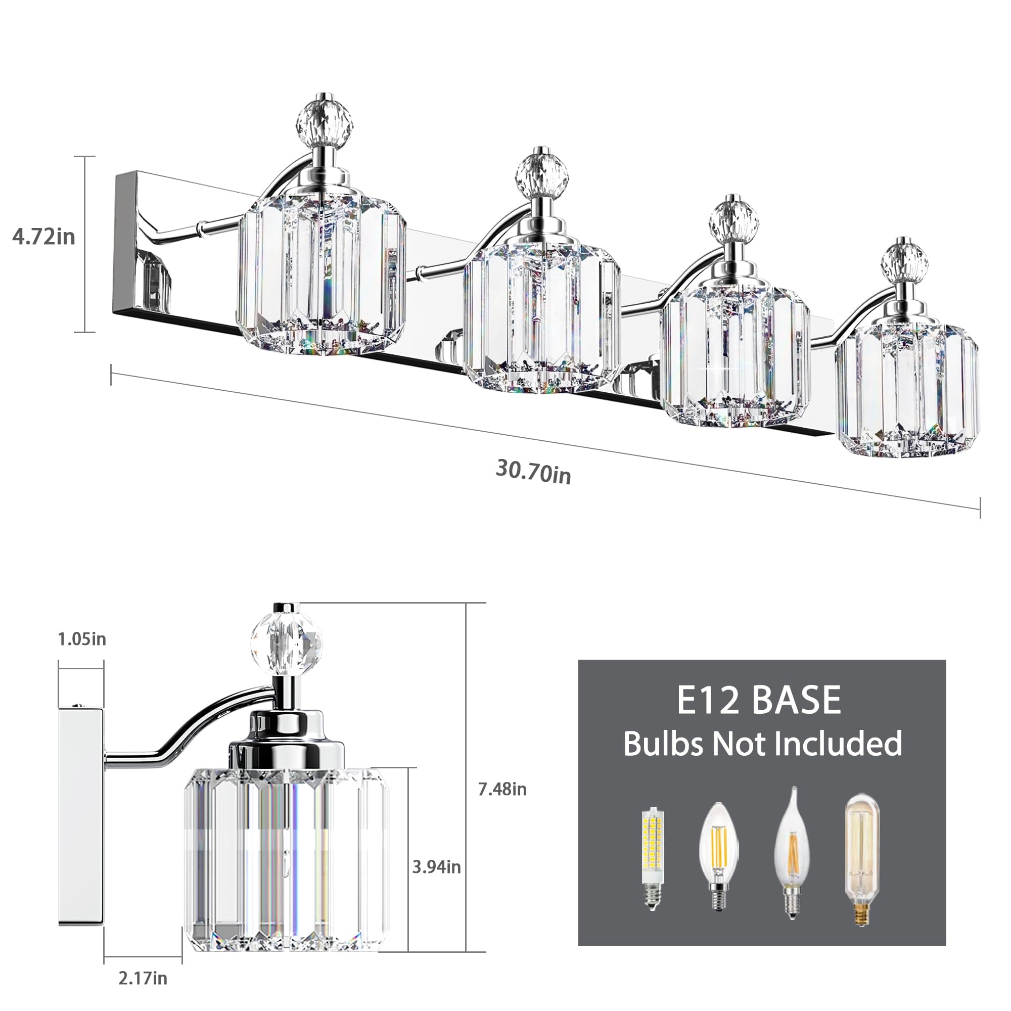 4 Light Crystal Bathroom Vanity Light Chrome Wall Light Fixture Modern Vanity Lighting Over Mirror E12-Base