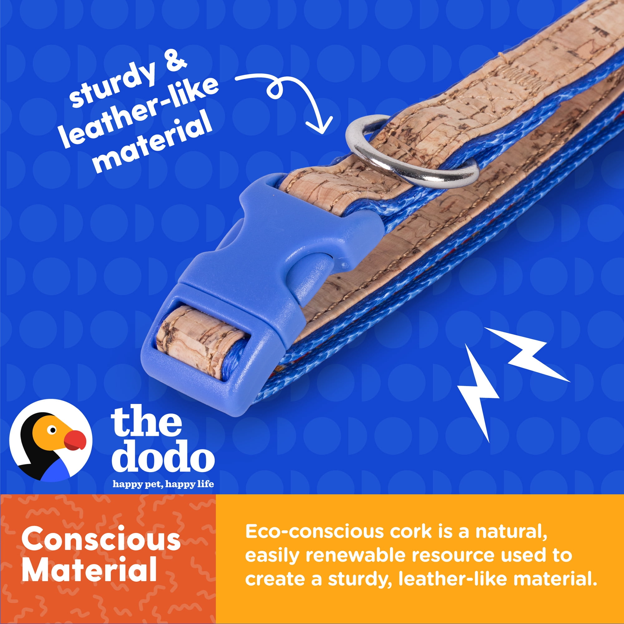 The Dodo Cork Dog Collar, Striped, Medium, Easy Snap Buckle