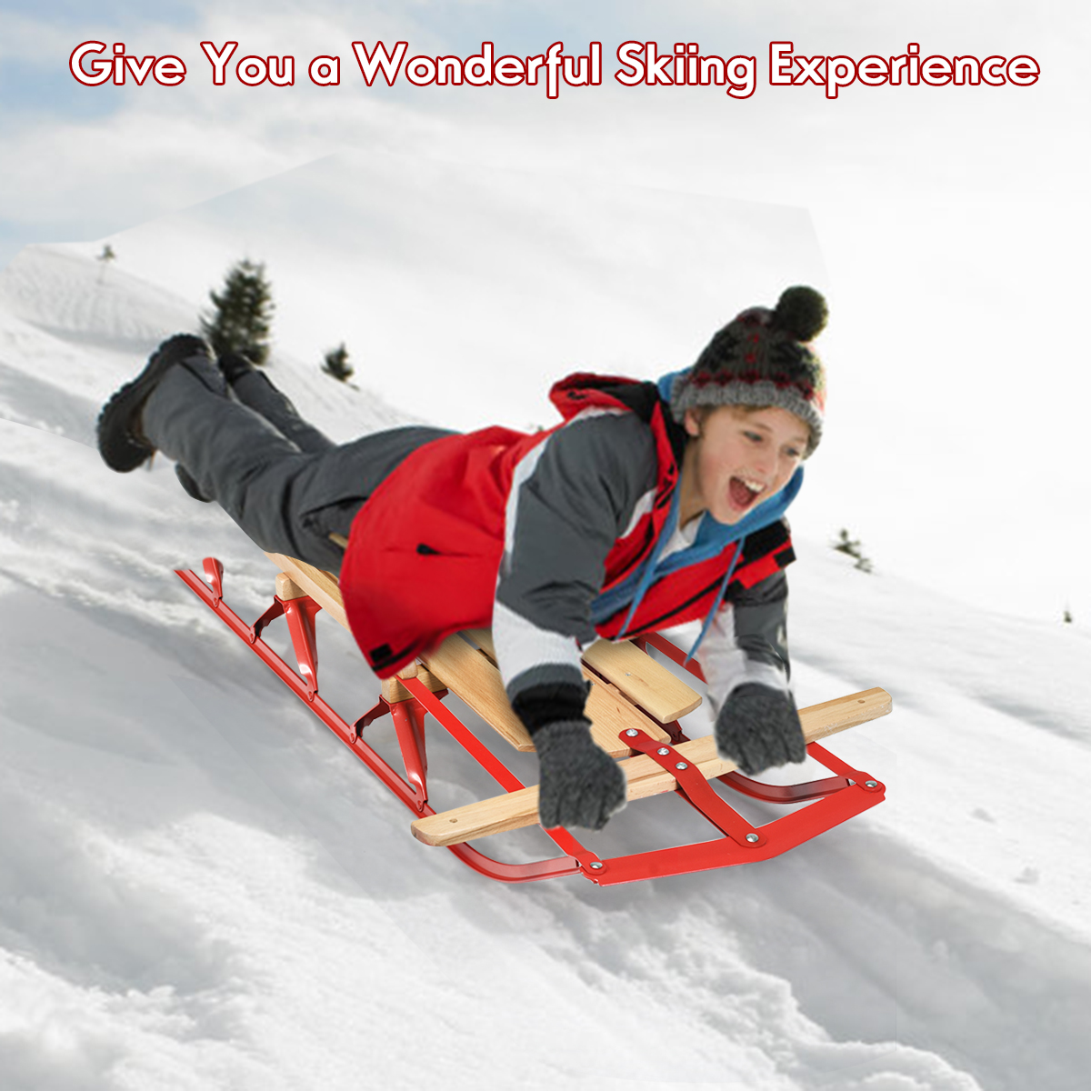 Costway 54''Kids Wooden Snow Sled Runners Steering Bar Steering Snow Slider - image 2 of 10