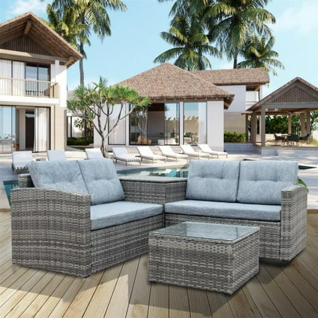 Sectional Patio Set - Merax 4-Piece Outdoor Rattan Patio Wicker Sectional Set With Storage Box, Tempered Glass Table Top