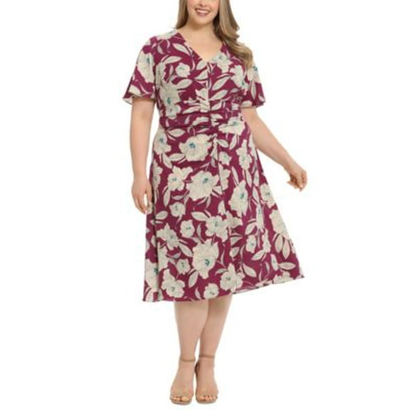 London Times Plus Size Flutter-Sleeved Shir PlumCream 20W