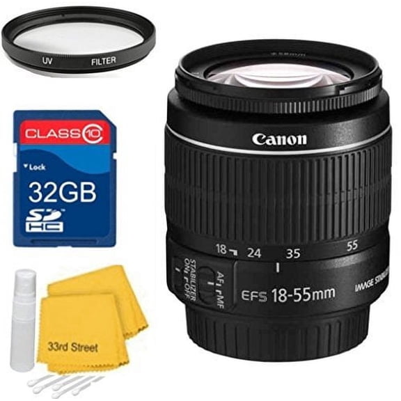 Canon EF-S 18-55mm f/3.5-5.6 IS II Standard Zoom Lens Bundle  32GB SD Card   UV Filter   Cleaning Kit- For Canon T2 DSLR