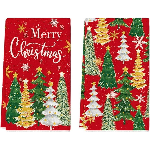 SOME THING Red Xmas Trees Merry Christmas Kitchen Towels Dish Towels, 18x26 Inch Daily Star Snowflake Winter Decoration Hand Towels Set of 2