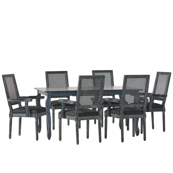 GDF Studio Regan French Country Fabric Upholstered Wood and Cane Expandable 7 Piece Dining Set, Gray and Black
