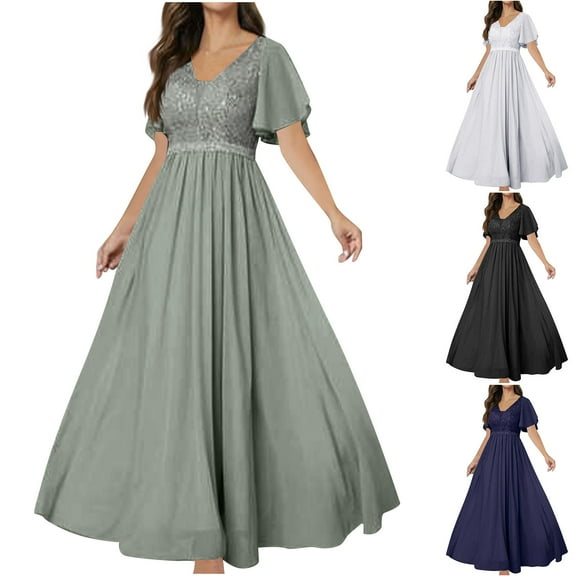 Swuxness Women Short Sleeve Formal Dresses, Women Long Evening Gown, Women's Solid Color V Neck Mesh Big Formal Evening Party Gown Maxi Long Dress Black, XXL