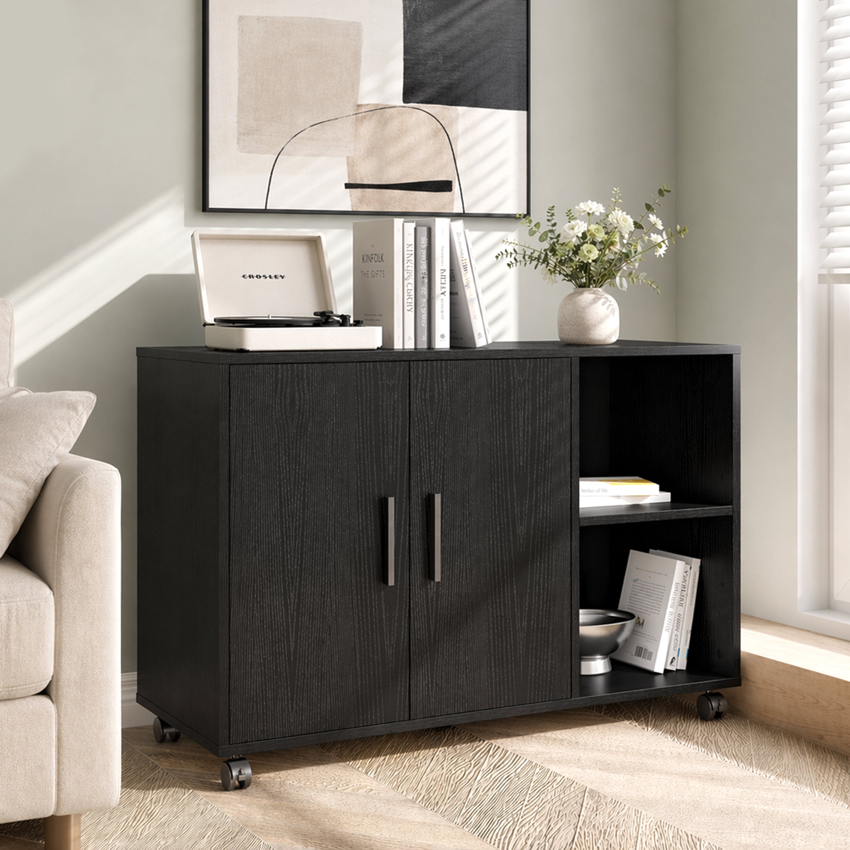 GALAXHERO Wood Storage Cabinets with Doors and Shelves, Lateral File Cabinet & Printer Stand with Storage for Home Office, Black