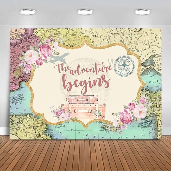 Mocsicka Adventure Awaits Backdrop Global Travel Adventure Begins Travel Baby Shower Party Decorations Vinyl Dessert Table Background Photobooth Prop (8x6ft)