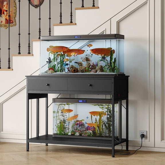 Kicctian Aquarium Stand for 40-50 Gallon Tanks, Fish Tank Stand with Built-in Power Outlet & 2 Storage Drawers, 660LBS Capacity,Black(Fish tank not included.)