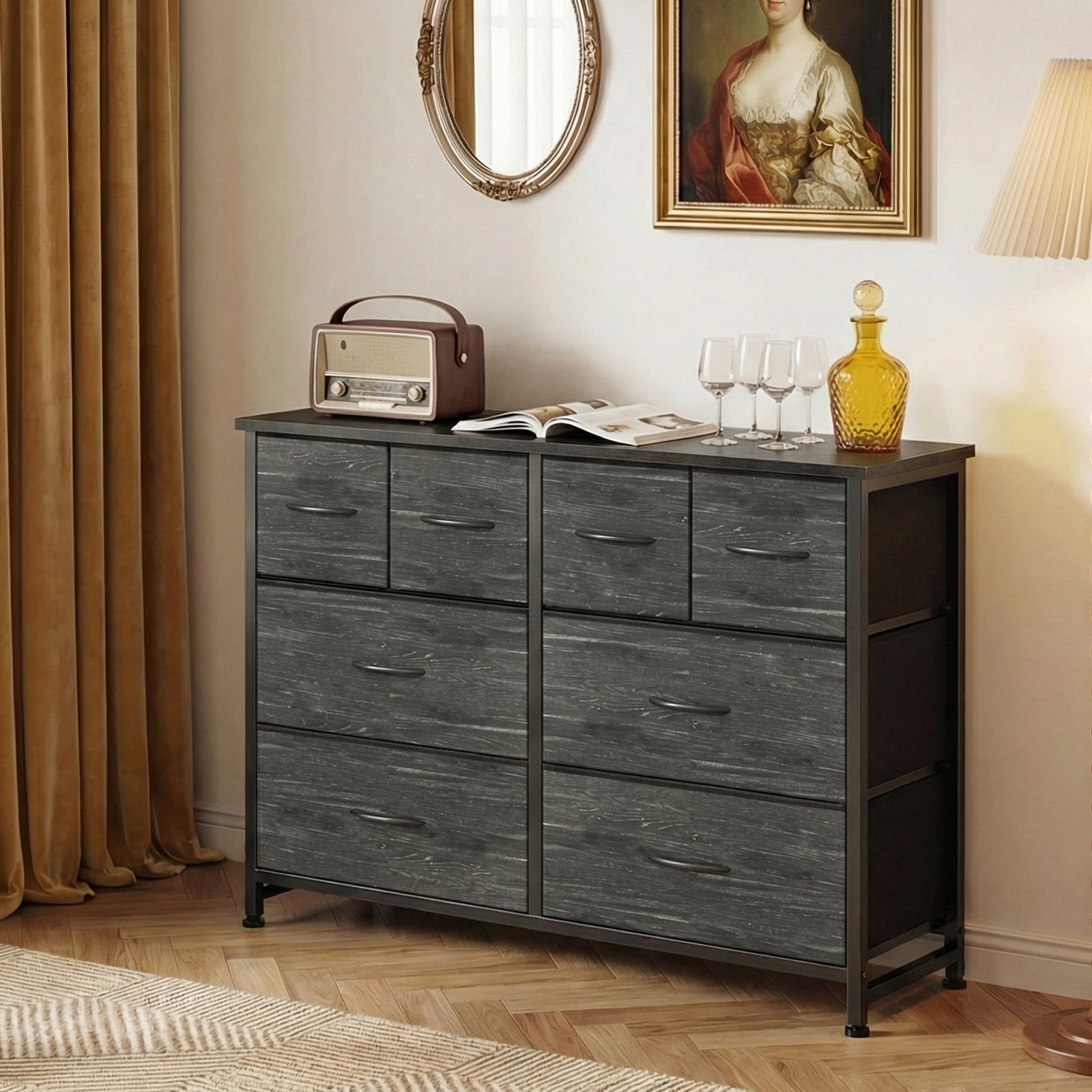 CONCETTA 8-Drawer Fabric Dresser, Wide Chest of Drawers, TV Stand for Bedroom, Living Room, Black Wood
