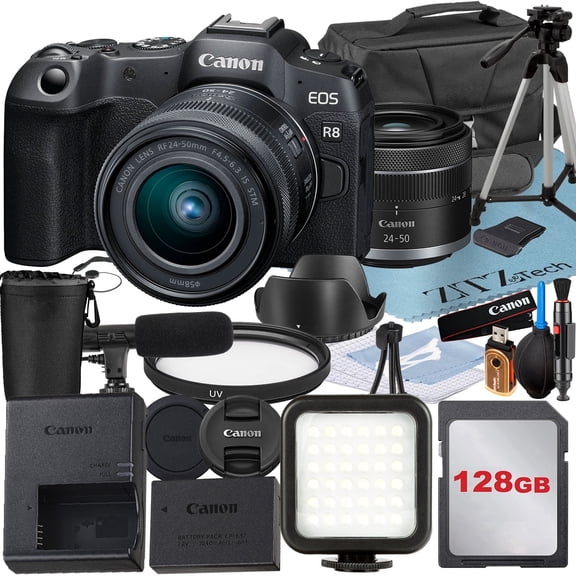 Canon EOS R8 Mirrorless Camera with RF 24-50mm Lens   128GB Memory Card   Case   LED Flash   ZeeTech Accessory Bundle (International Version)