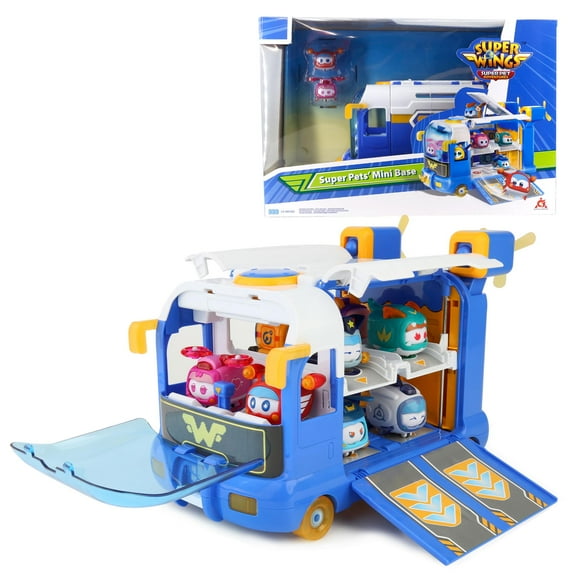 Super Wings Season 7 New Super Pets' Mini Base Transforming Playset from Bus to Aircraft with Super Pet Jett & Dizzy Role Play Toys for Kids Gifts for Girls Boys Age 3+