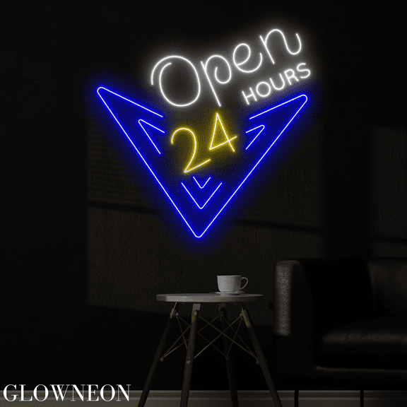 Glowneon Open 24 Hours Logo Neon Led Light For Store Shop, Wall Decor