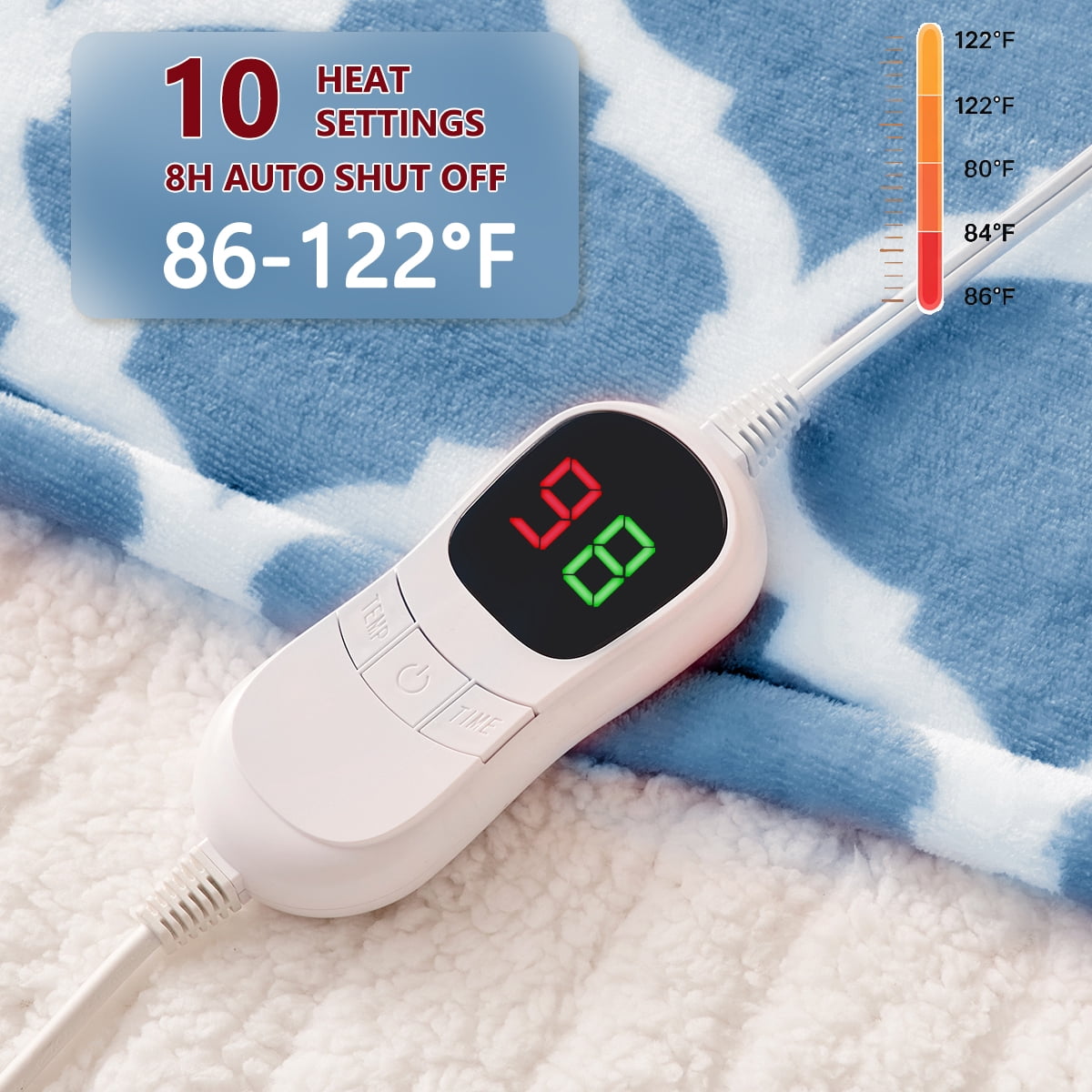 Heated Blanket Electric Throw 50X60, Heating Throw with 10 Levels 8 Hours Auto Off, Blue Soft Cozy Flannel Blanket Winter Warmer, Heated Protection ETL Certification Keep Warming in Home