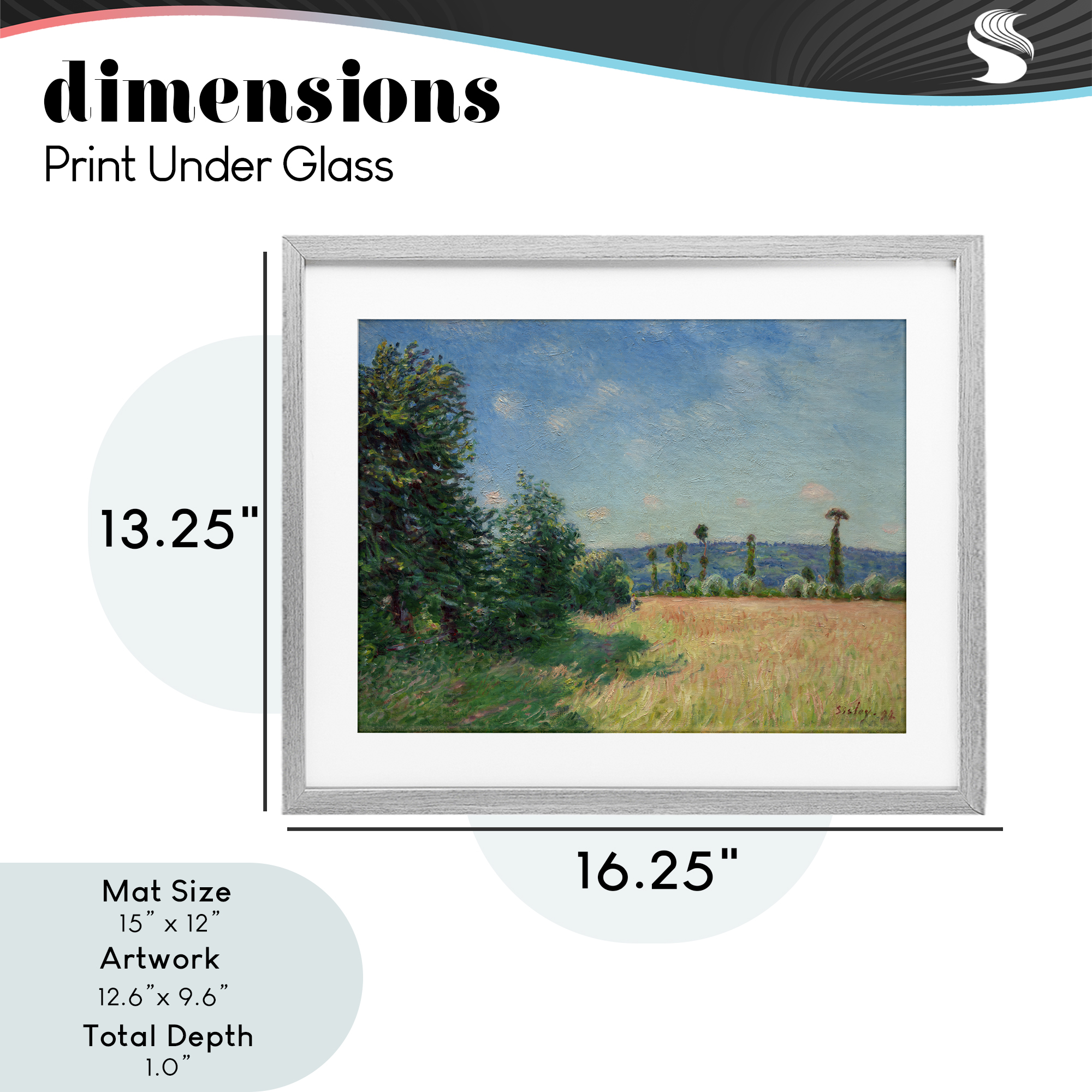 Sahurs Meadows in Morning Sun Gray Framed Print Under Glass, design by Alfred Sisley